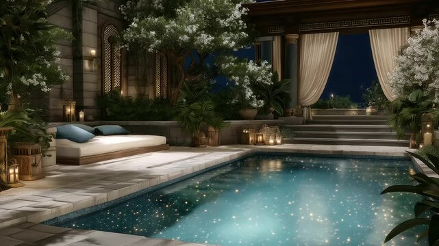 Infinity pool with fairy lights and natural stone retreat