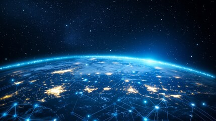 Obraz premium A global digital network encompassing planet Earth, with bright blue streams of light symbolizing connections and information exchange