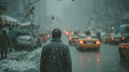Overhead rainy street scene: man walking into storm, camera pulling back slowly