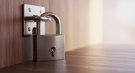 Secure Haven: Brushed Metal Padlock on a Door in Soft, Warm Light