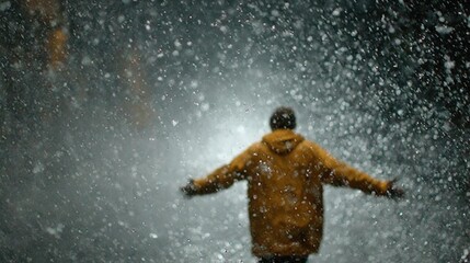 Person with arms slightly outstretched walking into drizzle, accepting moment fully