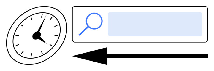Clock suggesting time, search bar with magnifying glass symbolizing research, arrow indicating direction. Ideal for productivity, research, guidance, efficiency, time-saving, planning simple landing