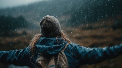 Person with arms slightly outstretched walking into drizzle, accepting moment fully
