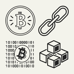 Digital currency icons representing bitcoin blockchain technology and binary code on a neutral background