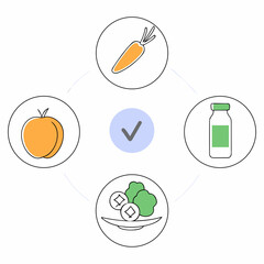 Healthy food choices illustrated with icons of peach carrot broccoli and a bottle with a checkmark