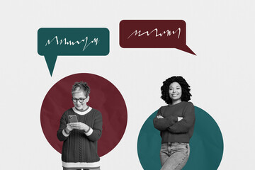 Collage of people use gadget having speaking mind cloud over grey color background