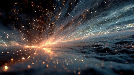 Scene of stardust being reborn through silver rainfall into new cosmic form
