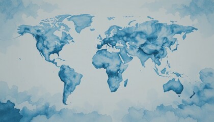 Artistic blue watercolor world map with soft cloud patterns