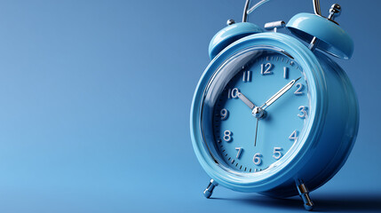 Over blue background, close up one blue alarm clock is placed.

