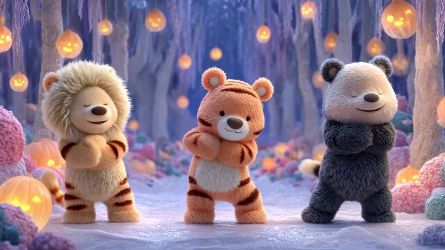 3D animated cute Lion, tiger, bear dance joyfully in a whimsical night