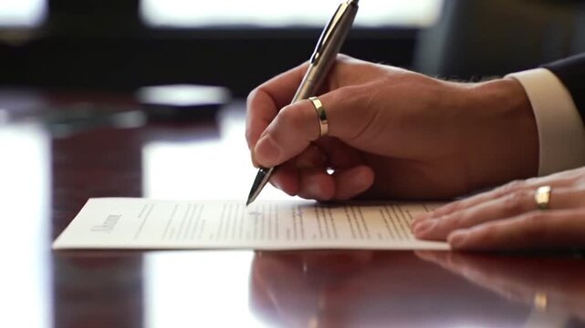 Man Signs Contract Close-up of Hand with Pen Writing Signature on Legal Document.