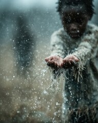 Slow motion capture of rain landing on open palms, child walking away