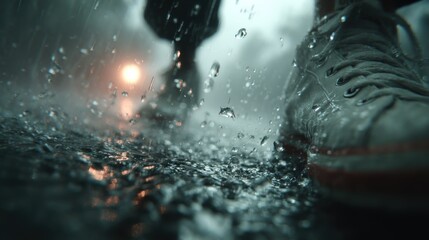 Slow-motion rain surrounding figure mid-step, light particles catching drops