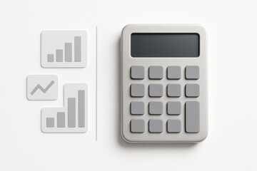 Minimalist calculator on a white background with floating abstract charts and gray graphical elements, captured in bright, high-key lighting.