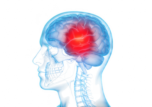 Medical illustration of human brain with red pain highlight isolated on transparent background