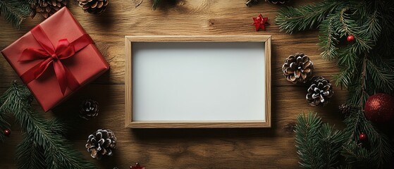 Christmas Decorations Surrounding a Blank Frame on Wooden Background
