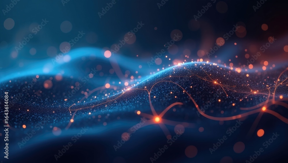 Poster abstract digital network design with glowing points and lines.