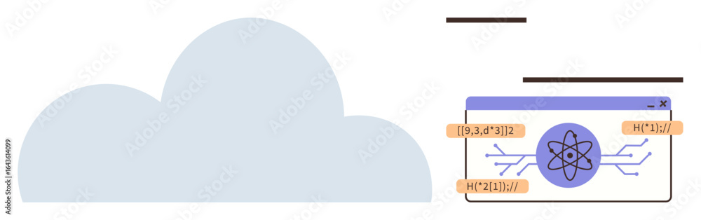 Poster cloud graphic beside a browser window displaying an atomic symbol, data paths, and ip addresses. ide