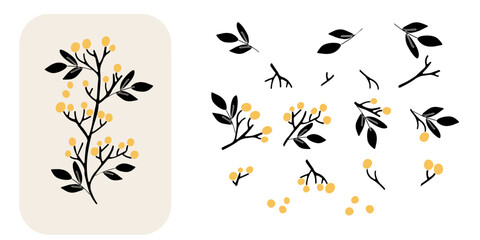 Minimalist flat vector of large black branch with leaves and yellow berries. Ideal for autumn-themed prints, packaging, greeting cards, invitations, textile patterns, posters, and seasonal crafts.