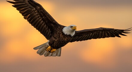 Obraz premium Majestic Bald Eagle in Flight, Wings Spread Against a Golden Sunset Sky