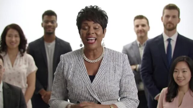 Medium shot of a boss giving a motivational speech to the team, crisp white background - Powered by Adobe