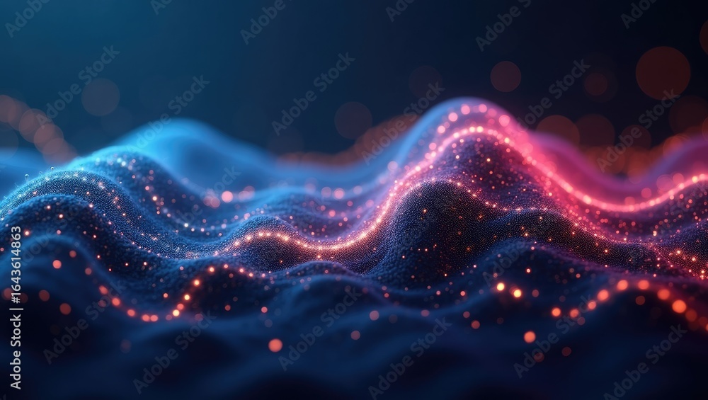 Poster abstract digital landscape with glowing particles.