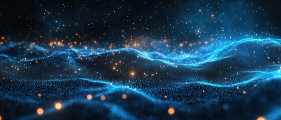 Abstract Blue and Gold Particle Wave with Bokeh Lights