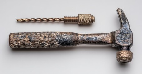 A weathered claw hammer and a small, twisted drill bit lie side-by-side on a white background; both tools show significant signs of age and wear
