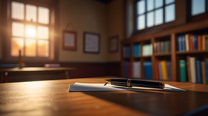 Artistic wide shot of a giant fountain pen positioned above a small classroom scene