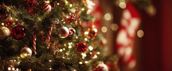 The beautifully decorated Christmas tree with festive ornaments and lights.