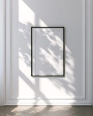 Elegant Interior Mockup Featuring a Black Framed Poster on a White Paneled Wall with Natural Light