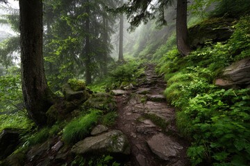 Obraz premium Misty mountain path winding through lush forest