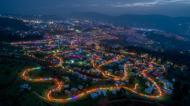 Aerial view of cityscape at night with colorful lights and mountain range in the background scenery landscape - Powered by Adobe