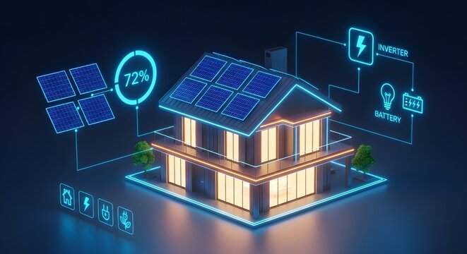 Solar Panel Energy System Diagram on House | Sustainable Energy Technology for Green Living, Renewable Power and Home Efficiency Solutions