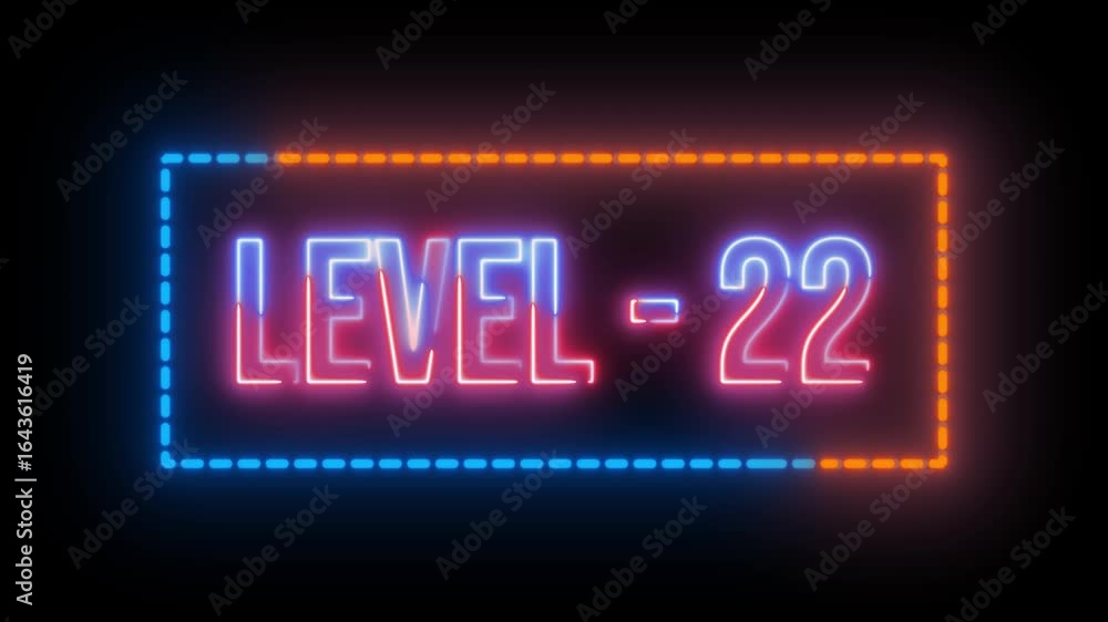 Aufkleber neon multicolor level 22 text animation with dotted rectangle border on black background