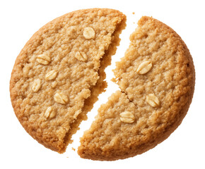 Oatmeal cracker split, textured surface crumbling at the edges.