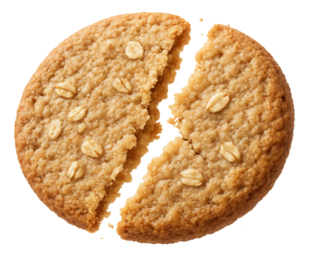 Oatmeal cracker split, textured surface crumbling at the edges.