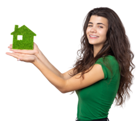 Happy house buyer. A young girl holds a model of a green house in her hands. The concept of green energy, ecology.