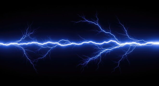 Bright Blue Electrical Lightning Strike on Black Background Keywords: lightning, electricity