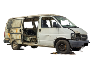 Abandoned old van with rusty exterior and damaged parts in need of restoration or recycling process