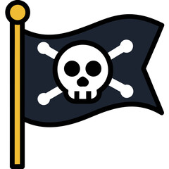 A simple flat design illustration of a pirate flag with a skull and crossbones on a dark background