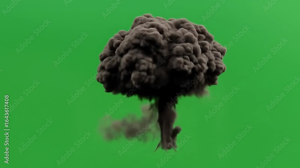 Poster simulated fireball exploding with dark smoke rising on green screen