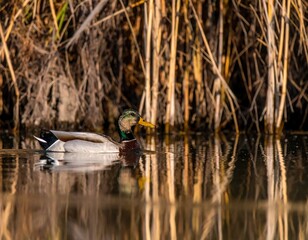 Mallard duck on calm water, reeds