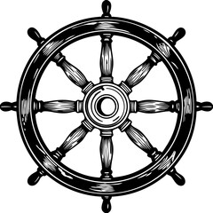 Classic black and white illustration of a ship s steering wheel with wooden spokes and handles © Stock