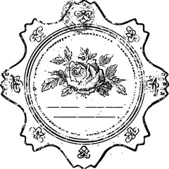 Ornate, vintage-style label with a rose design