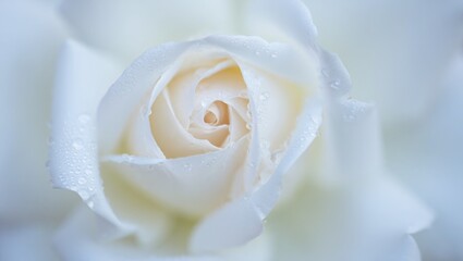 Close up of a dew-kissed white rose bloom flower petal