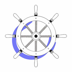 Nautical ship s wheel illustration with rope detail and a blue curved accent on a white background © Stock