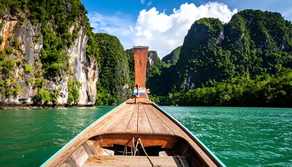 Longtail boat through turquoise waterway
