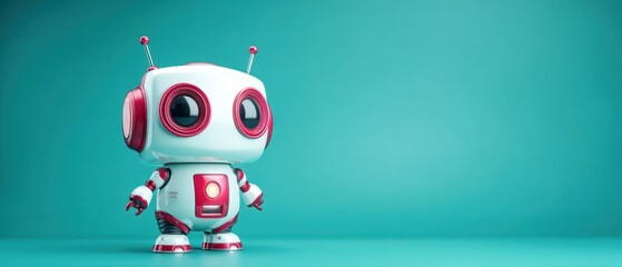 The charming robot toy standing against a vibrant turquoise background.