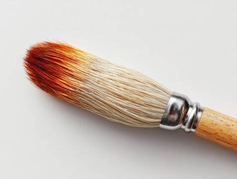 Close-up of a paintbrush with a light-colored wooden handle, metallic ferrule, and reddish-brown tipped bristles, angled against a white background